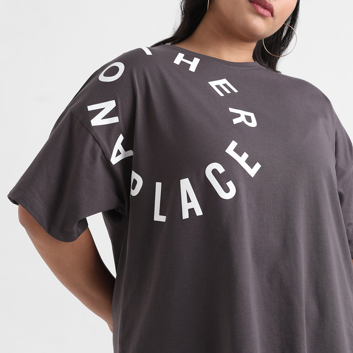 Charcoal grey plus size shoulder print cotton tee