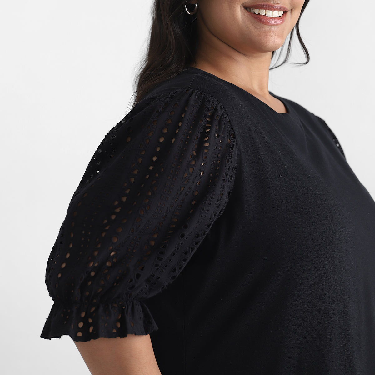 Embroidery Puff Sleeve Plus Size Jersey Top