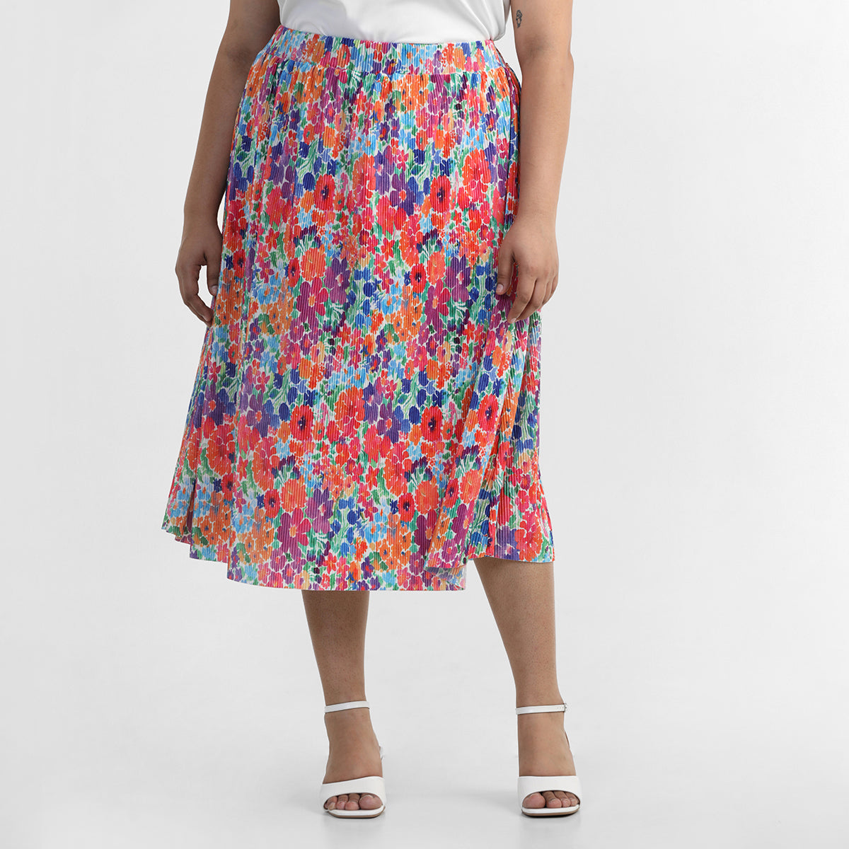 Multi Colored Floral Printed Plus Size Pleated Knit Skirt