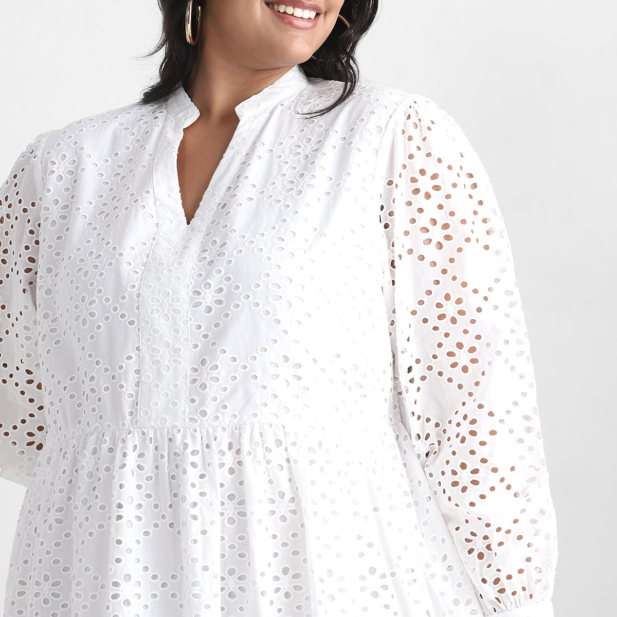 White Cutwork Schiffli Cotton Plus Size Short Dress