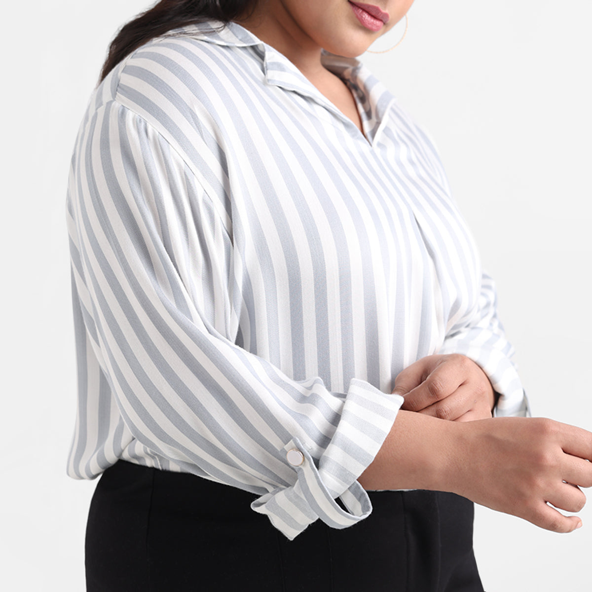 Grey and white striped plus size viscose shirt