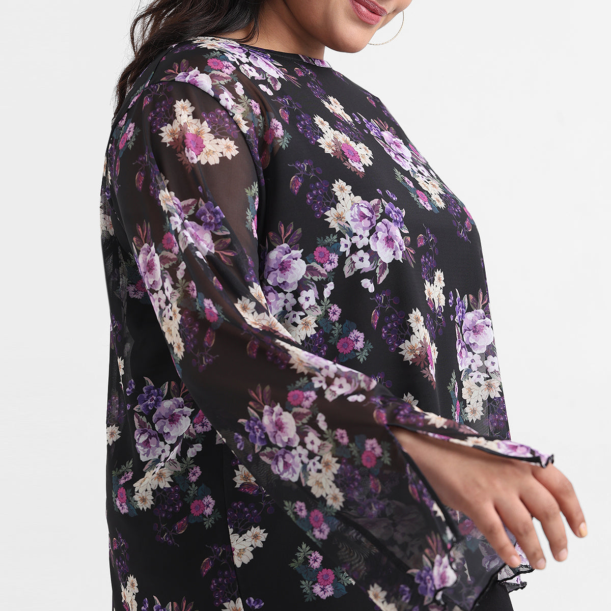 Black floral print plus size mesh boat neck top