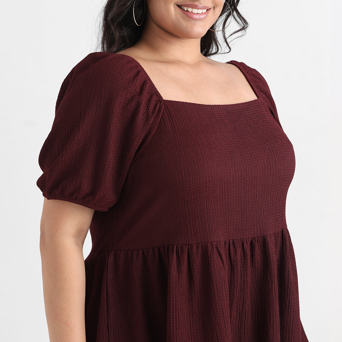 Maroon textured knit plus size peplum top