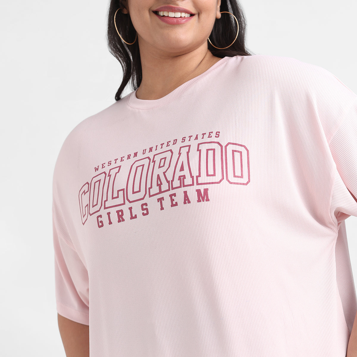 Pink rib plus size chest print t-shirt