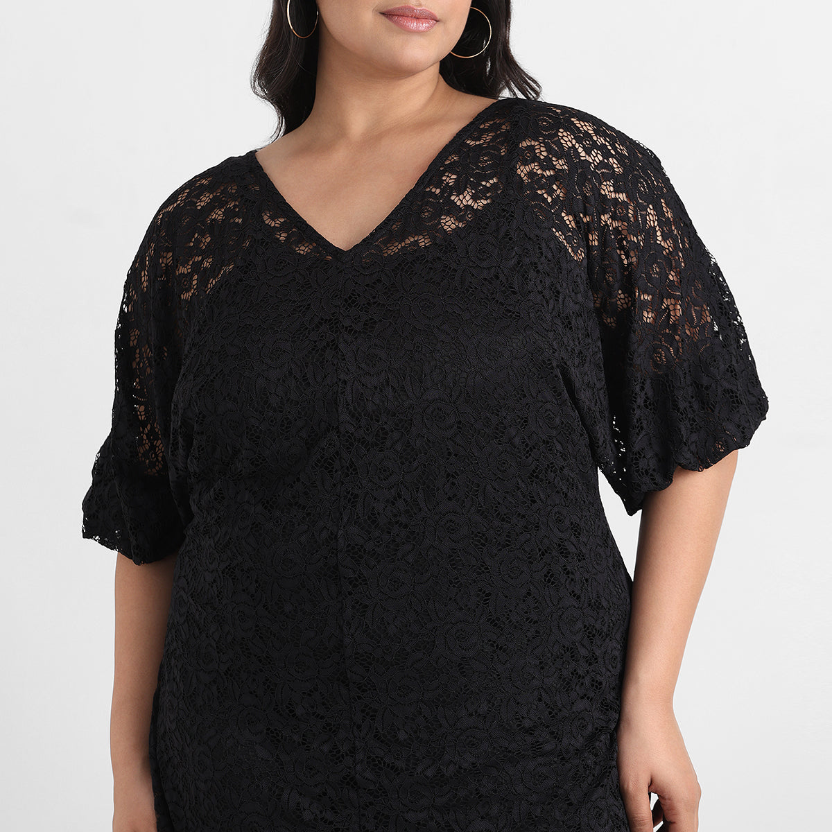 Black plus size knit lace short dress