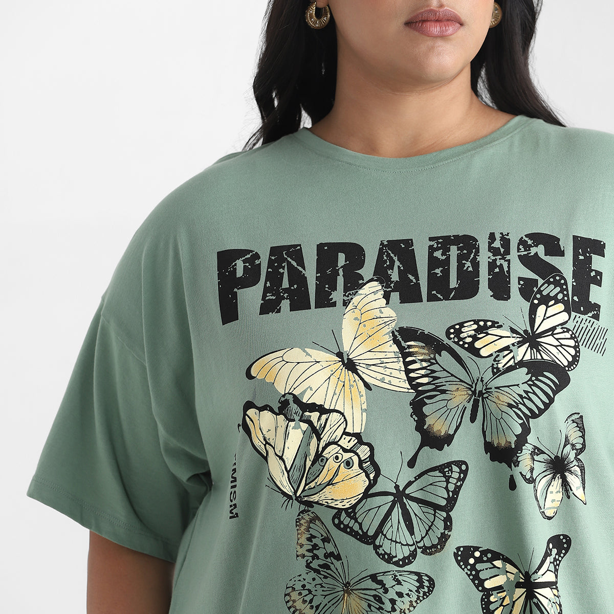 Green butterfly print plus size cotton tee