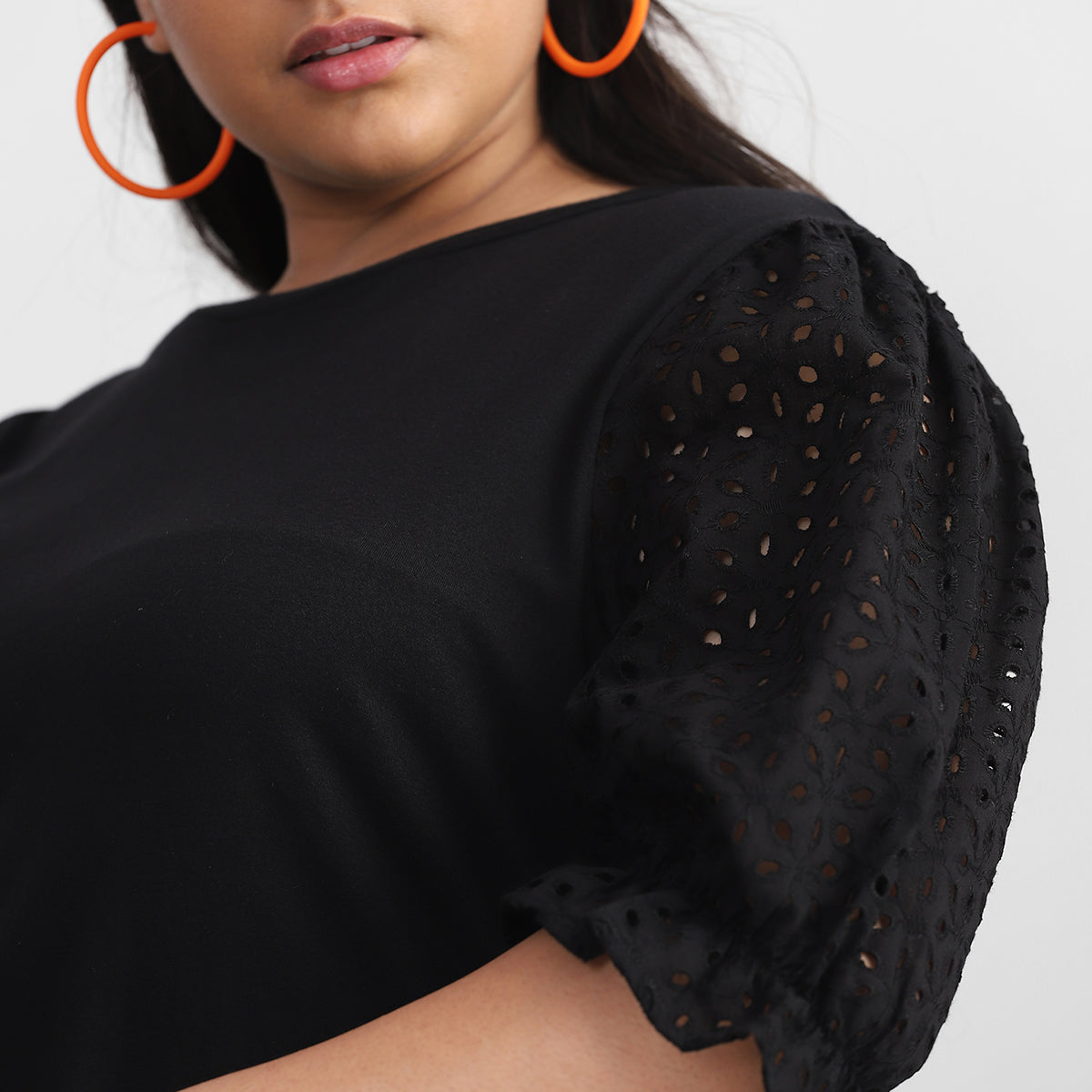 Black Cutwork Sleeves Top For Plus Size Women