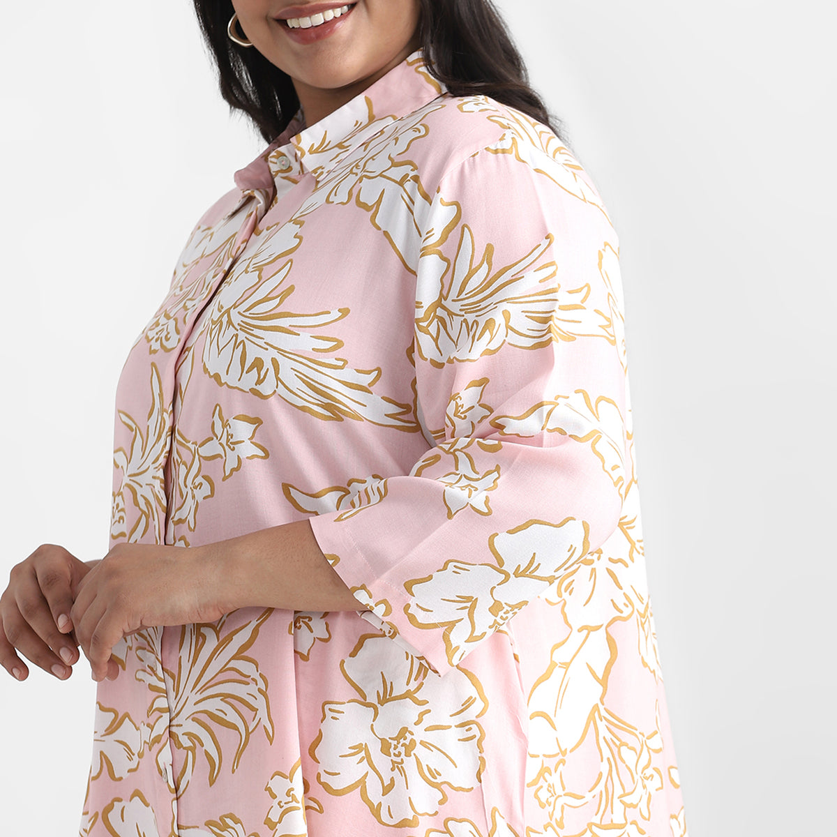 Pink Floral Rayon Plus Size Ethnic Co-ord Set