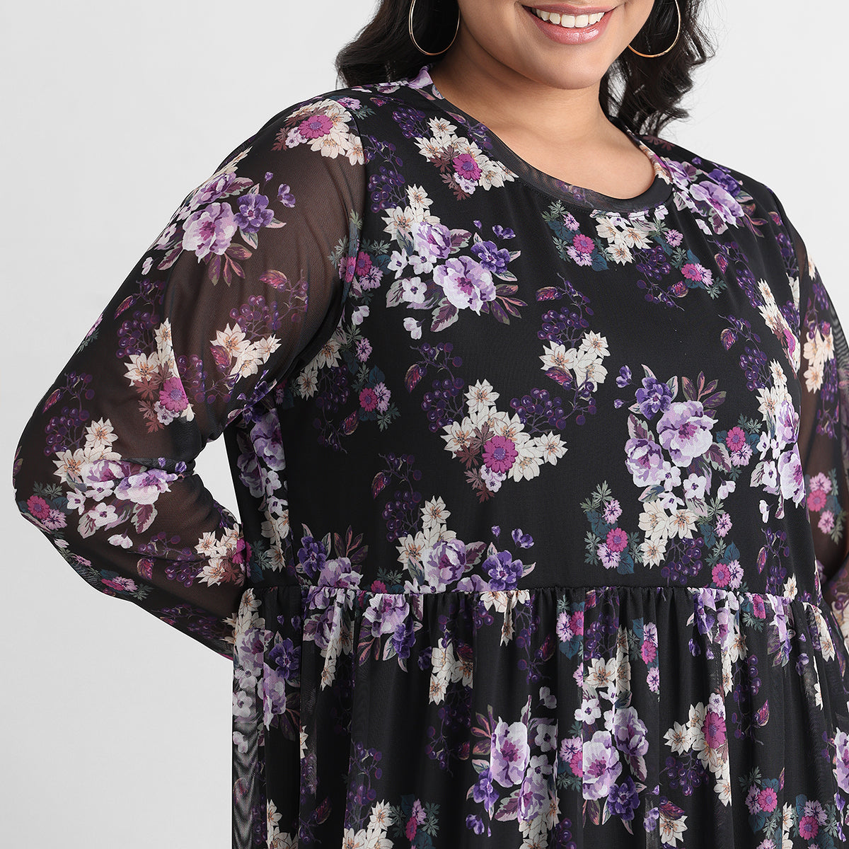 Black floral print plus size mesh midi dress