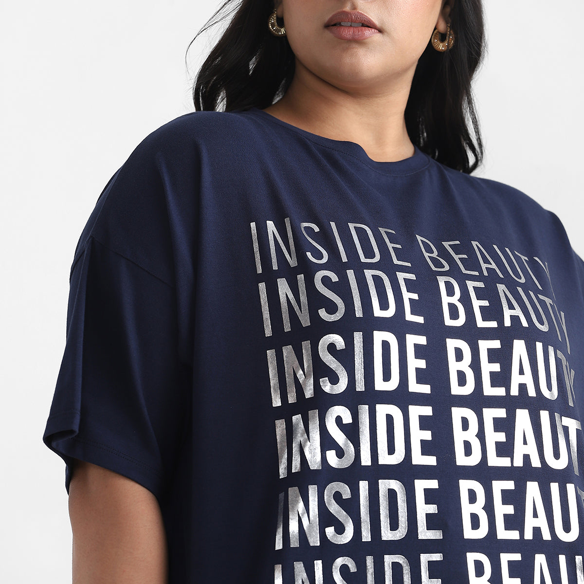 Navy blue foil text plus size chest print cotton tee