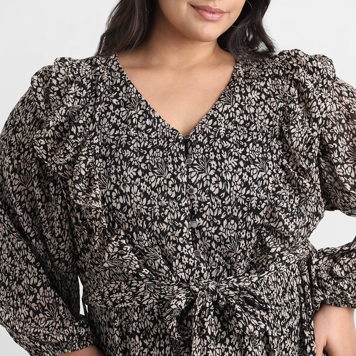 Black printed plus size ruffled short dress