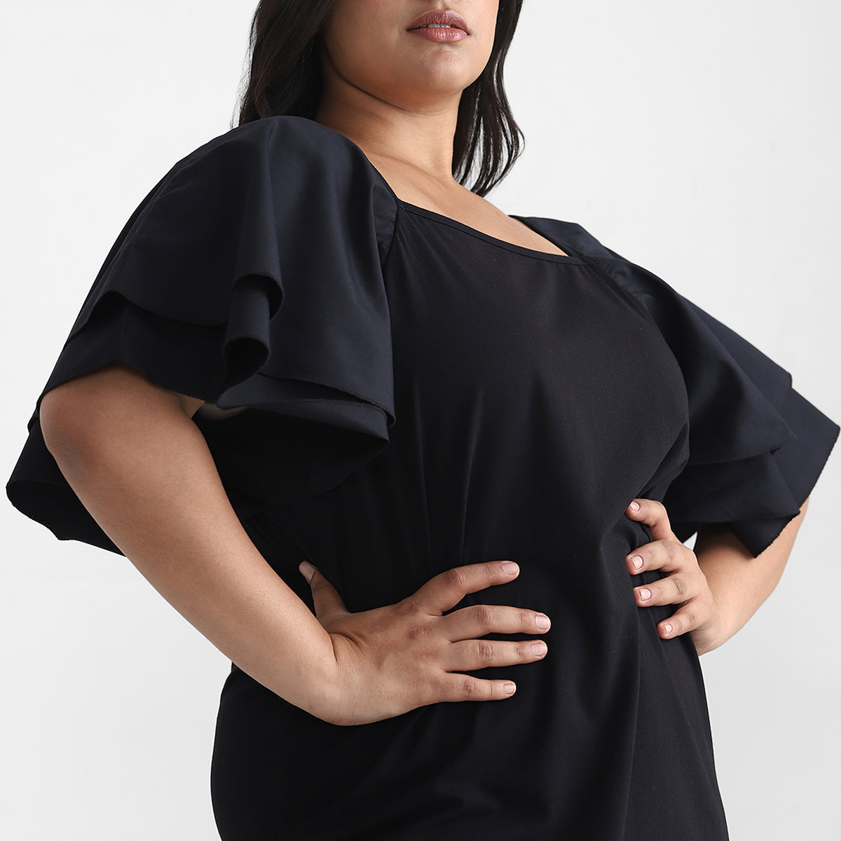 Poplin Ruffle Sleeves Plus Size Knit Top