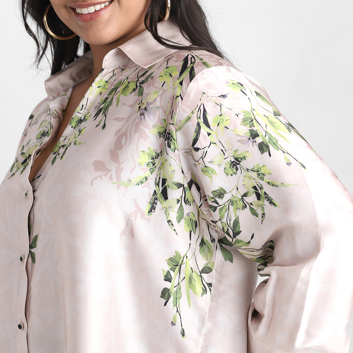 Leaf Print Plus Size Satin Basic Shirt