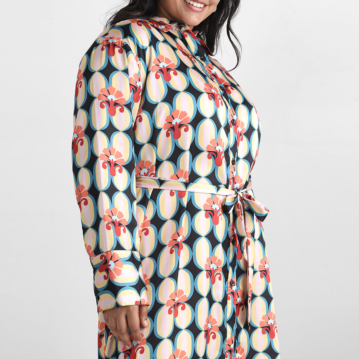 Geometric Satin Plus Size Shirt Dress