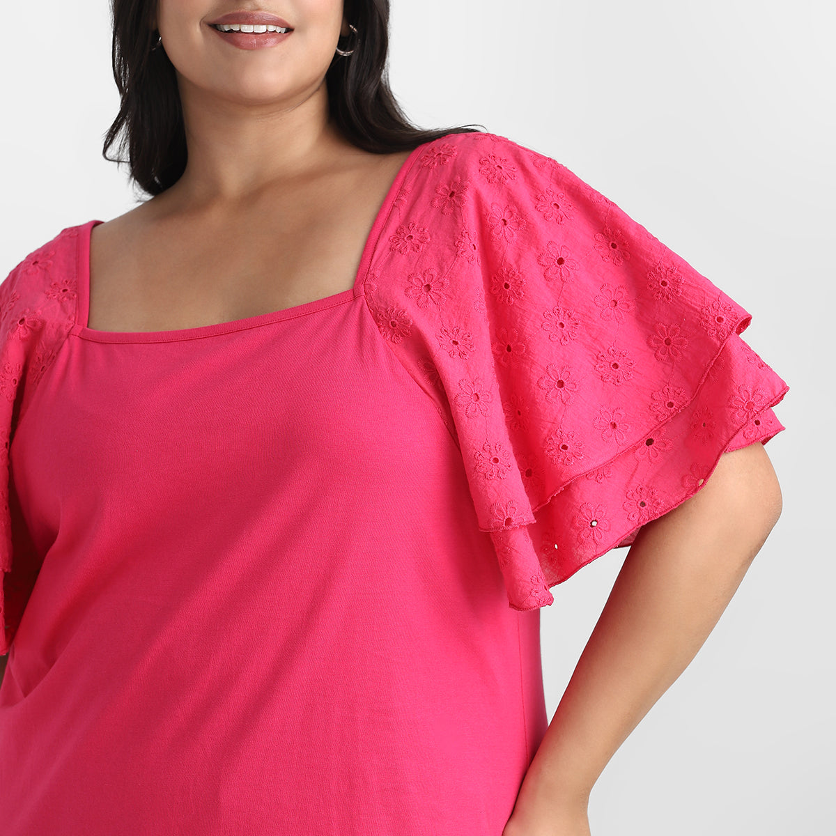 Pink Poplin Ruffle Sleeves Plus Size Knit Top