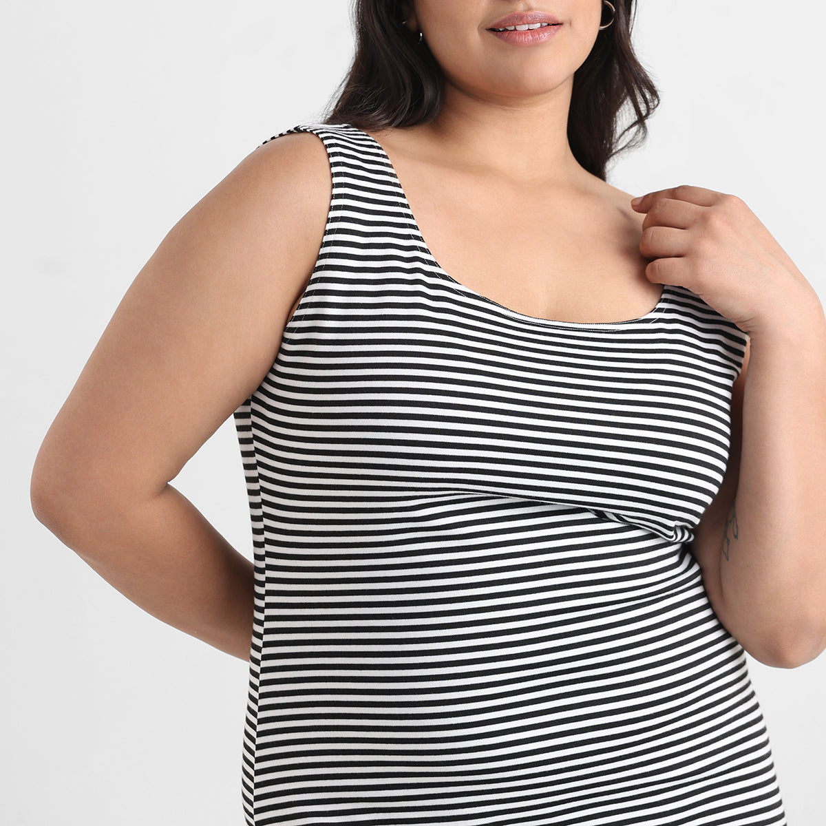 Monochrome striped plus size sleeveless bodycon midi dress