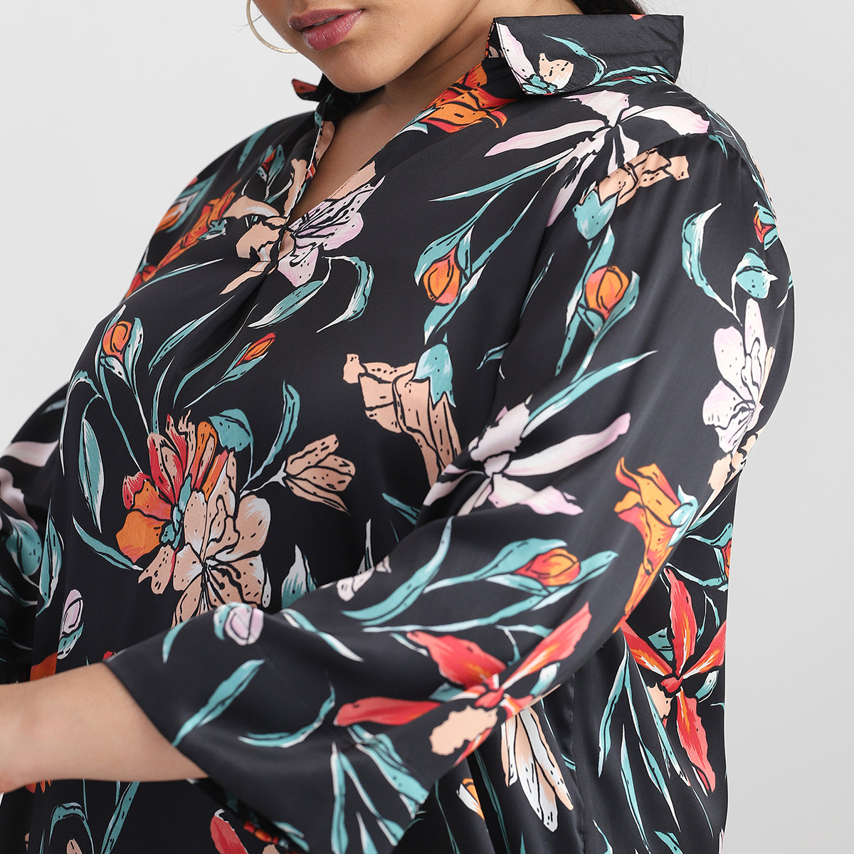 Black Floral Printed Plus Size Satin Co-ord Set