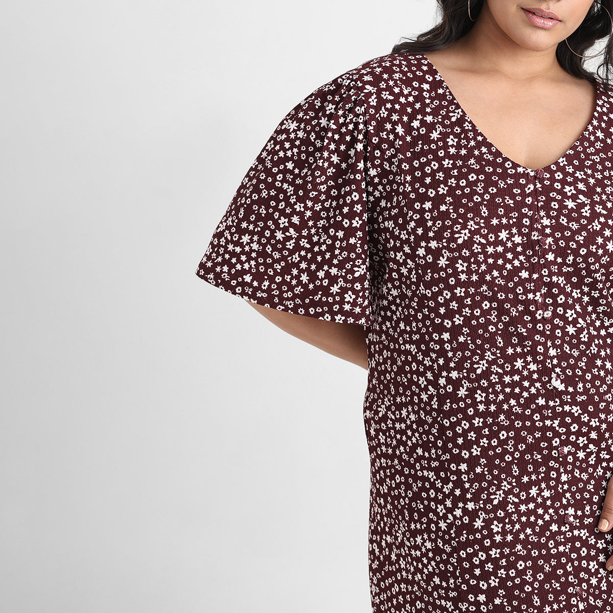 Maroon floral print plus size textured knit short dress