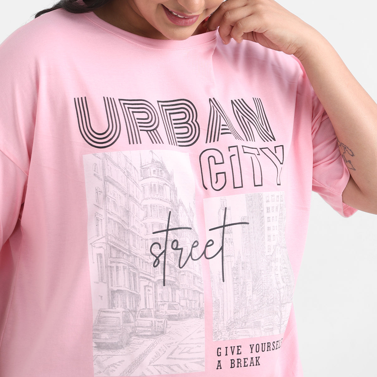 Pink city plus size chest print cotton tee