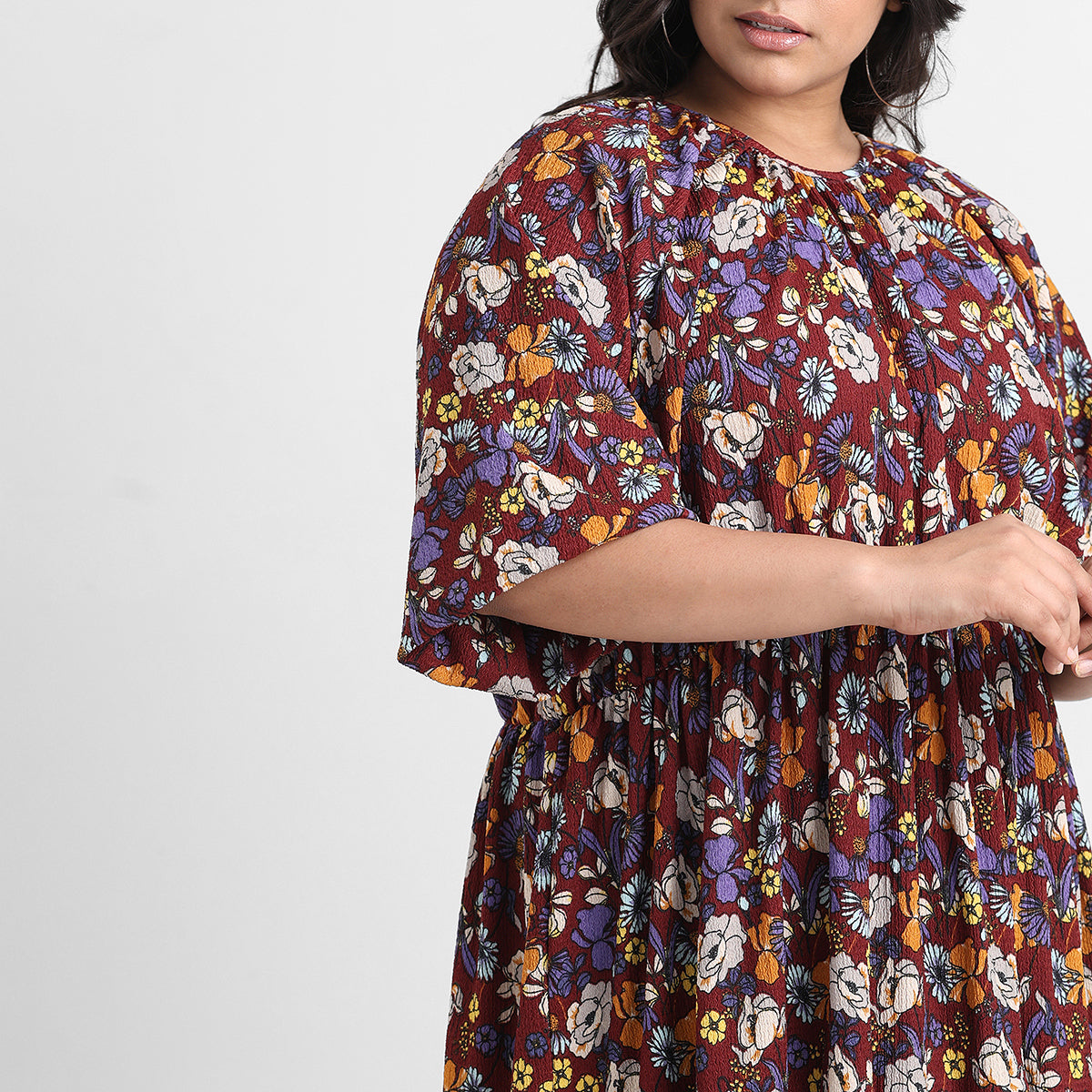 Brown floral print plus size textured knit midi dress