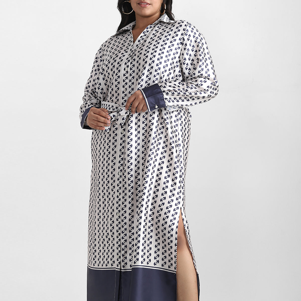 Border Print Satin Plus Size Shirt Dress