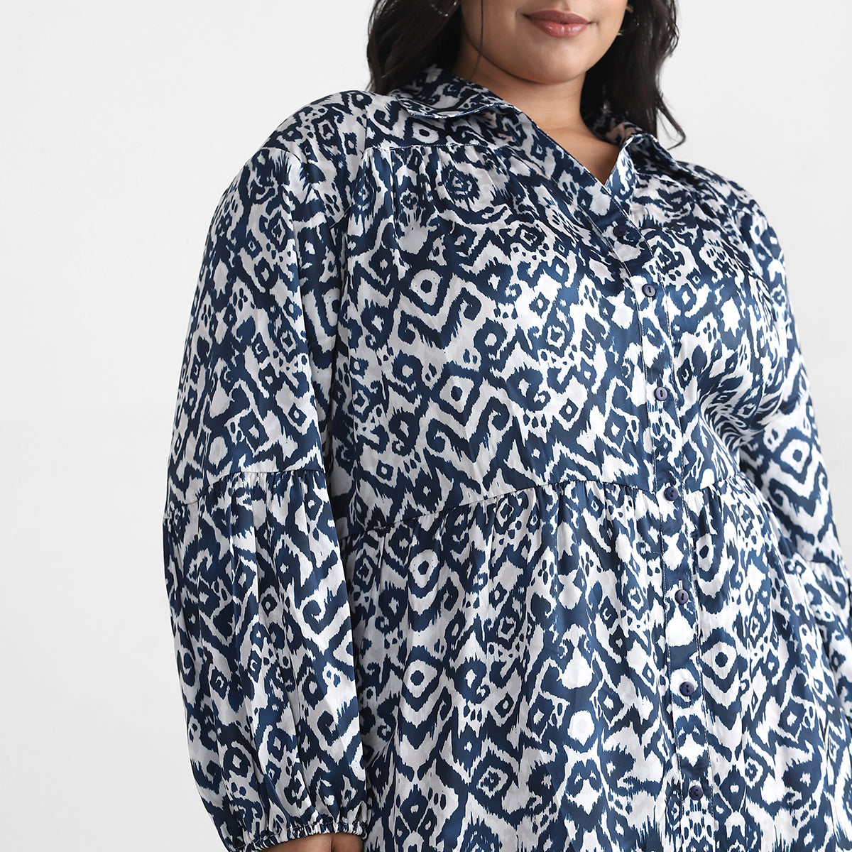 Ikat Print Satin Plus Size Shirt Dress