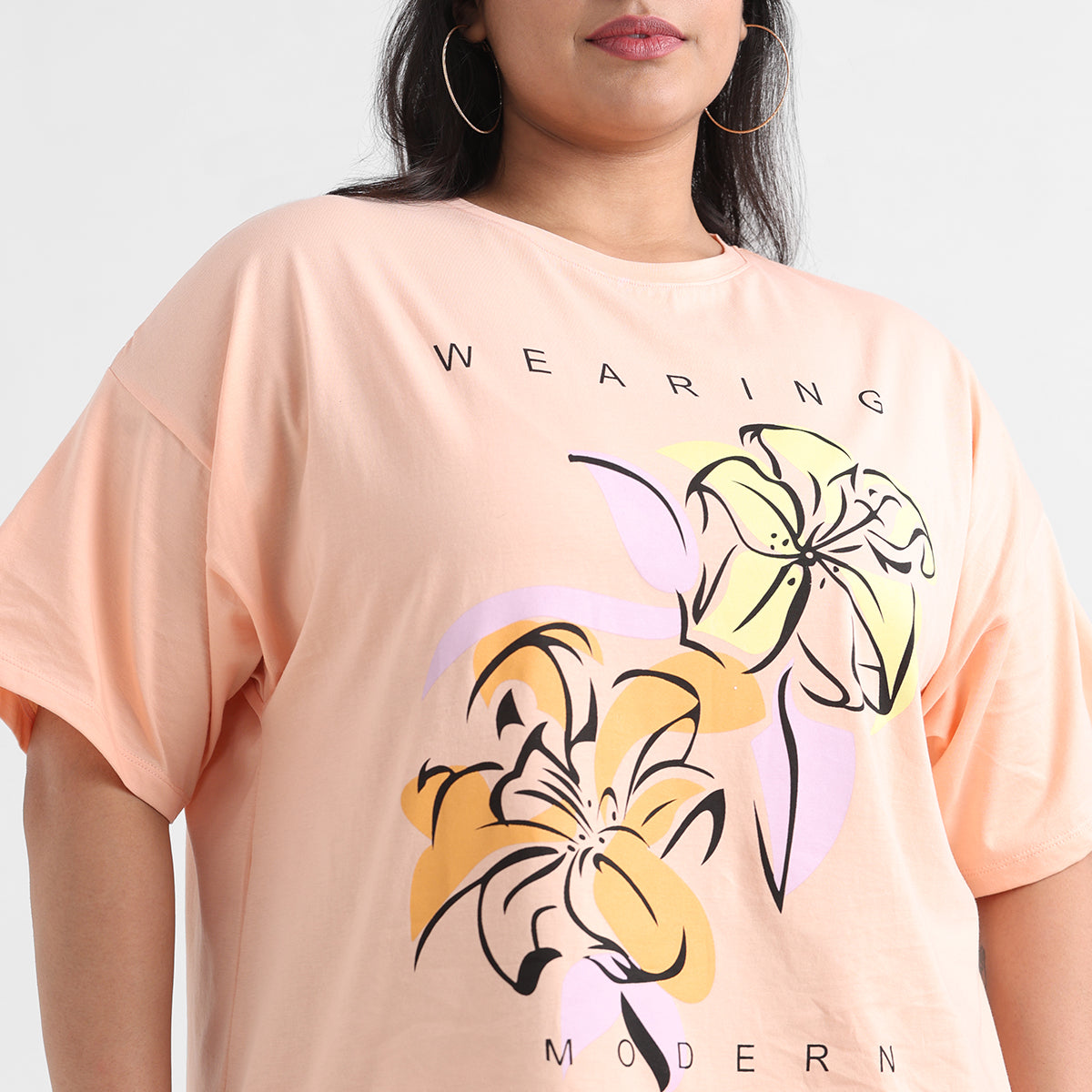 Peach floral print plus size cotton tee