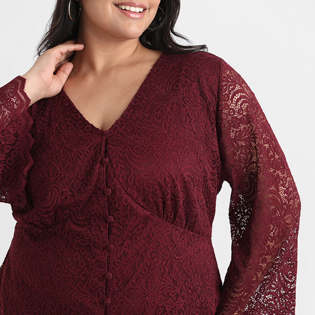 Maroon plus size knit lace short dress