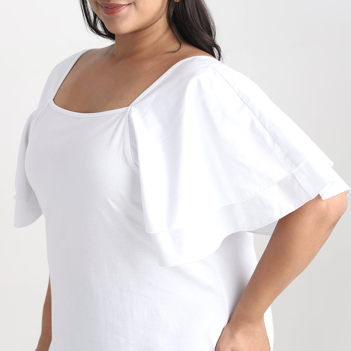 White Poplin Ruffle Sleeves Plus Size Knit Top