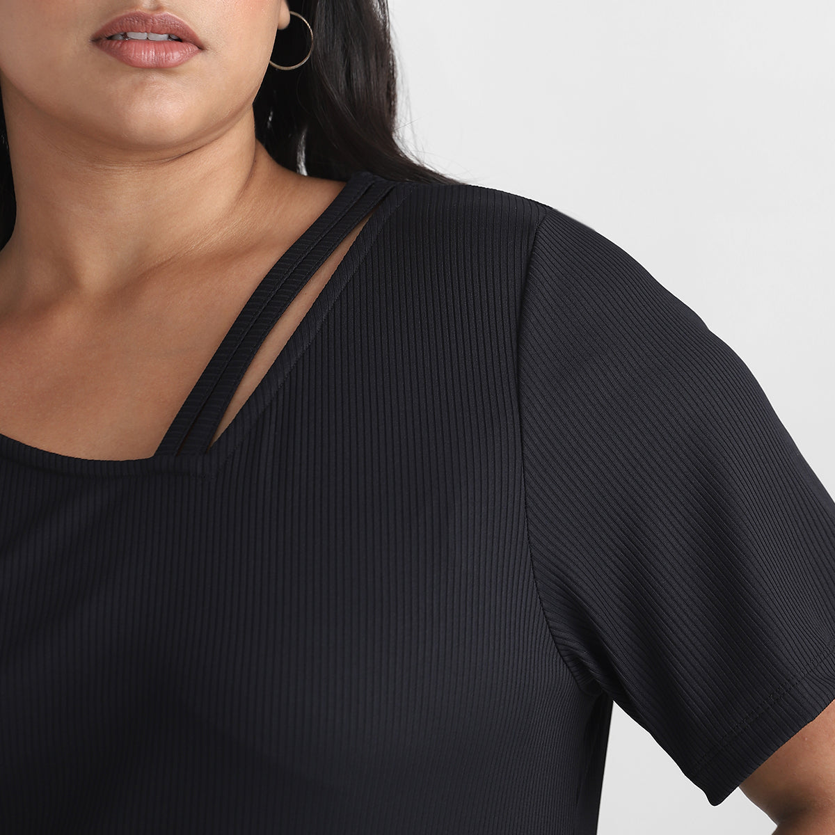 Black V Neck Rib Plus Size Tshirt