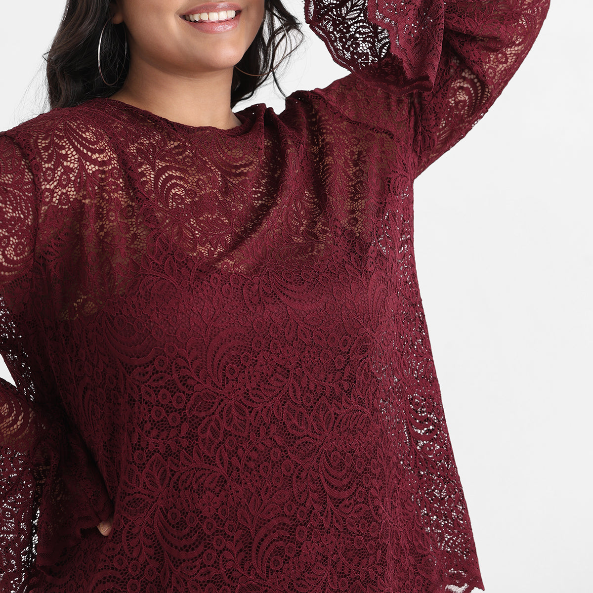 Maroon plus size knit lace keyhole top