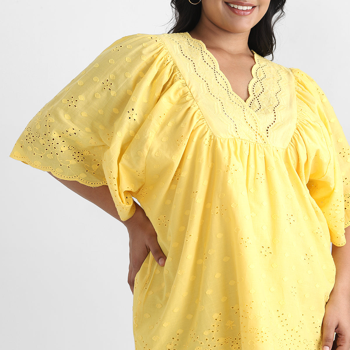 Cotton Schiffli Plus Size V Neck Top