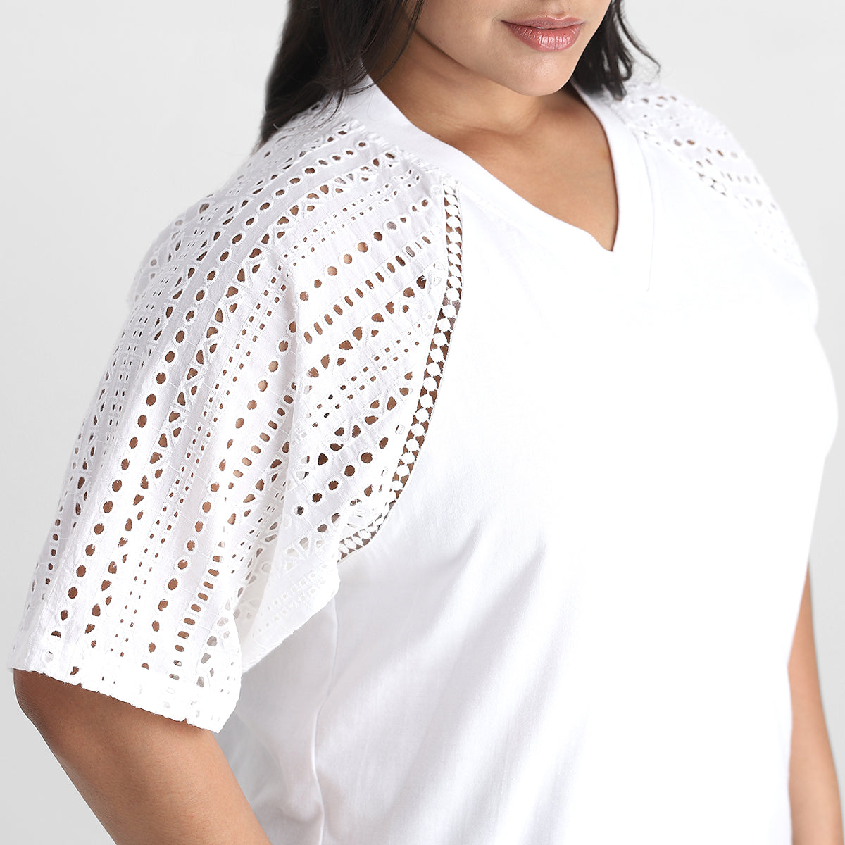 Cotton Schiffli Sleeve Detail Plus Size Tshirt