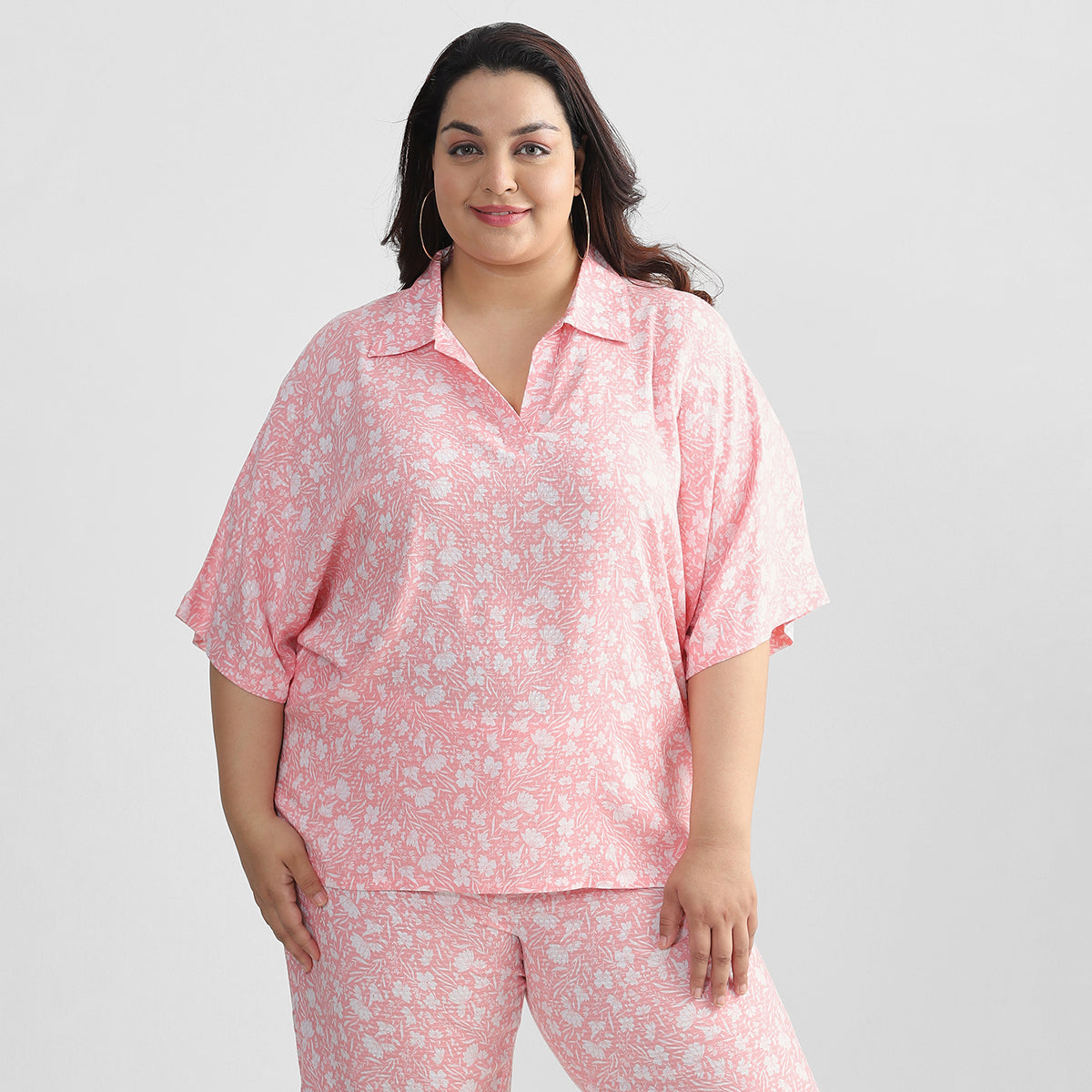 Pink Printed Viscose Dobby Plus Size Co-ord Set