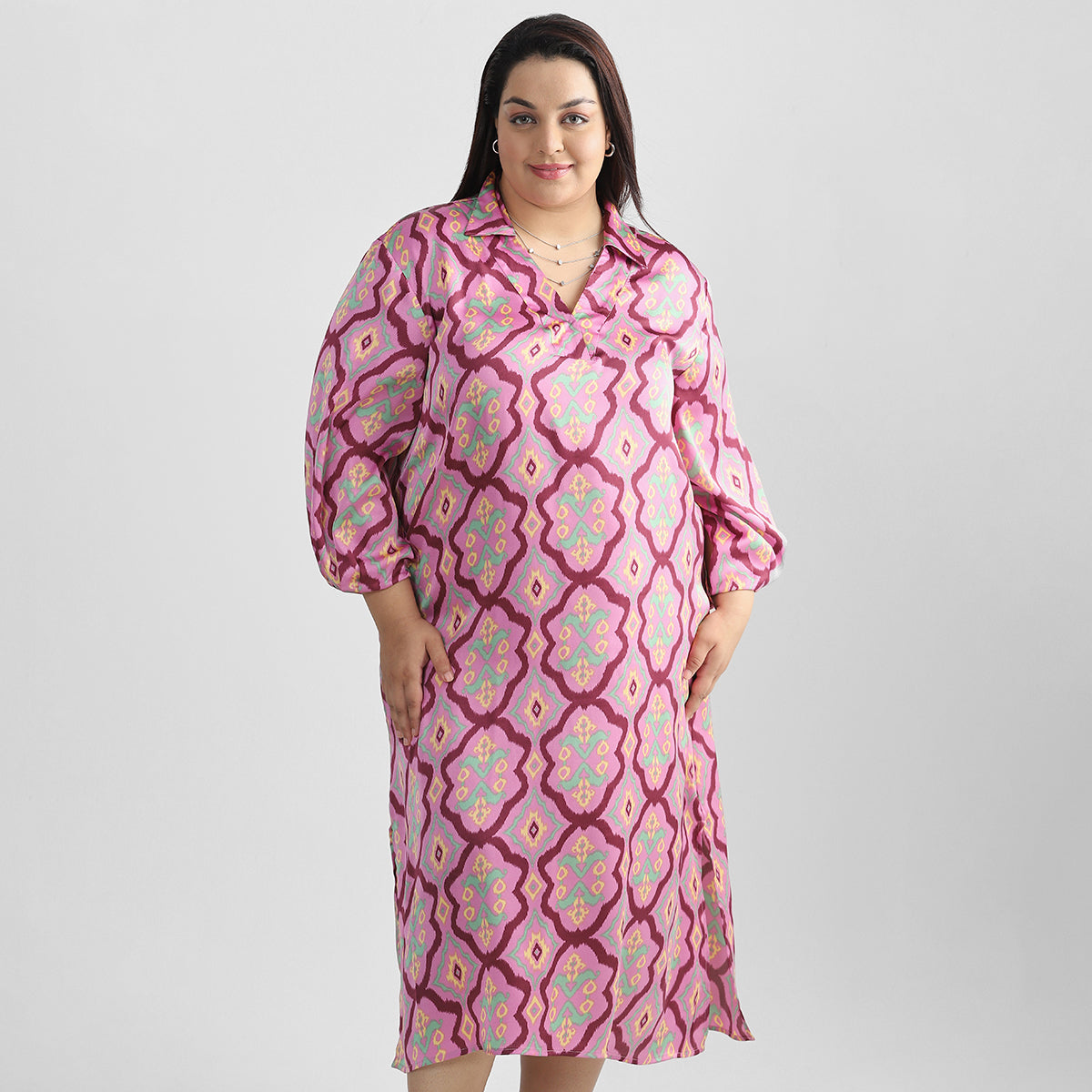 Plus Size Patterned Pink Kaftan Dress 