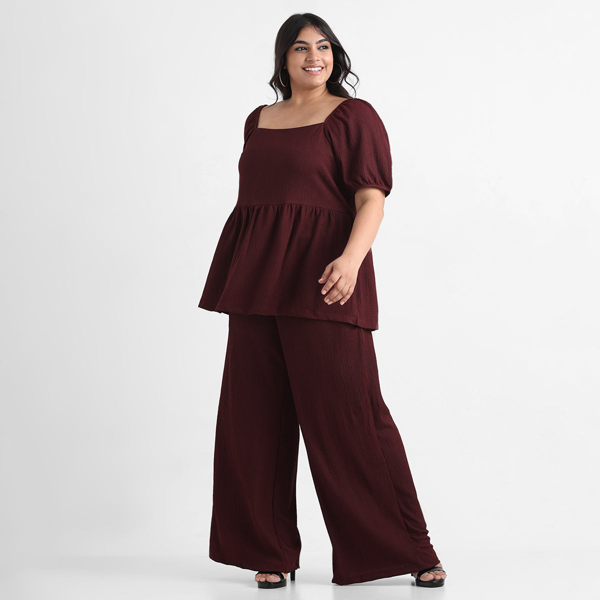 Maroon textured knit plus size flare pants