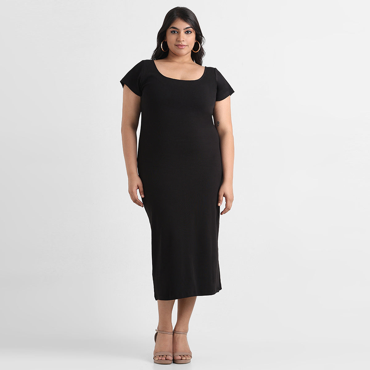 Black cotton rib plus size cap sleeves bodycon midi dress