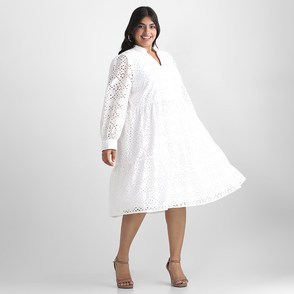 White Cutwork Schiffli Cotton Plus Size Short Dress