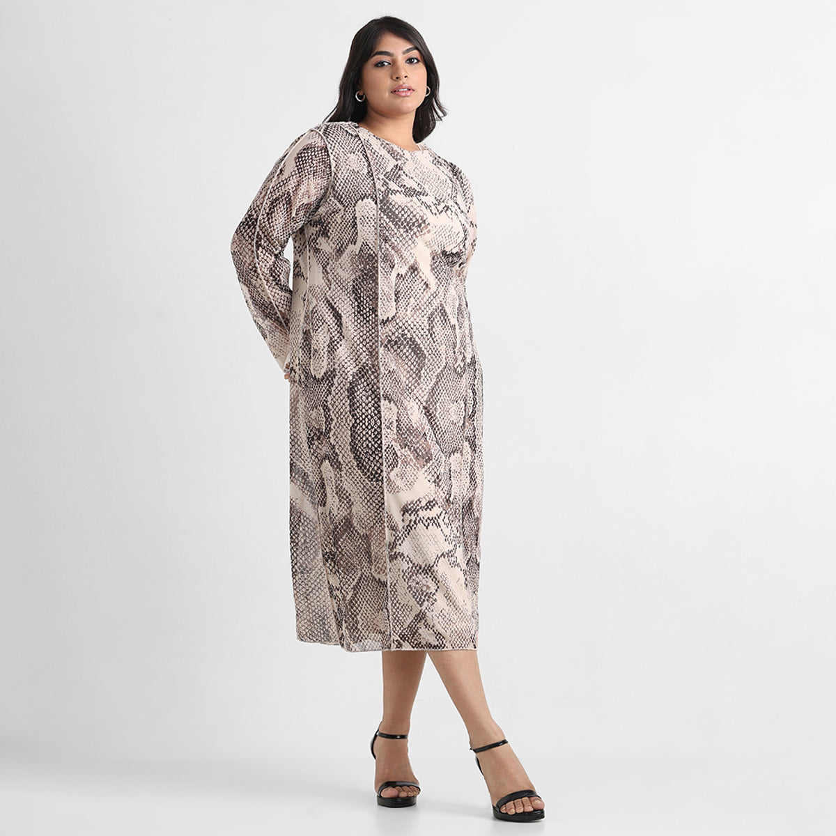 Animal print overlock detail plus size mesh midi dress