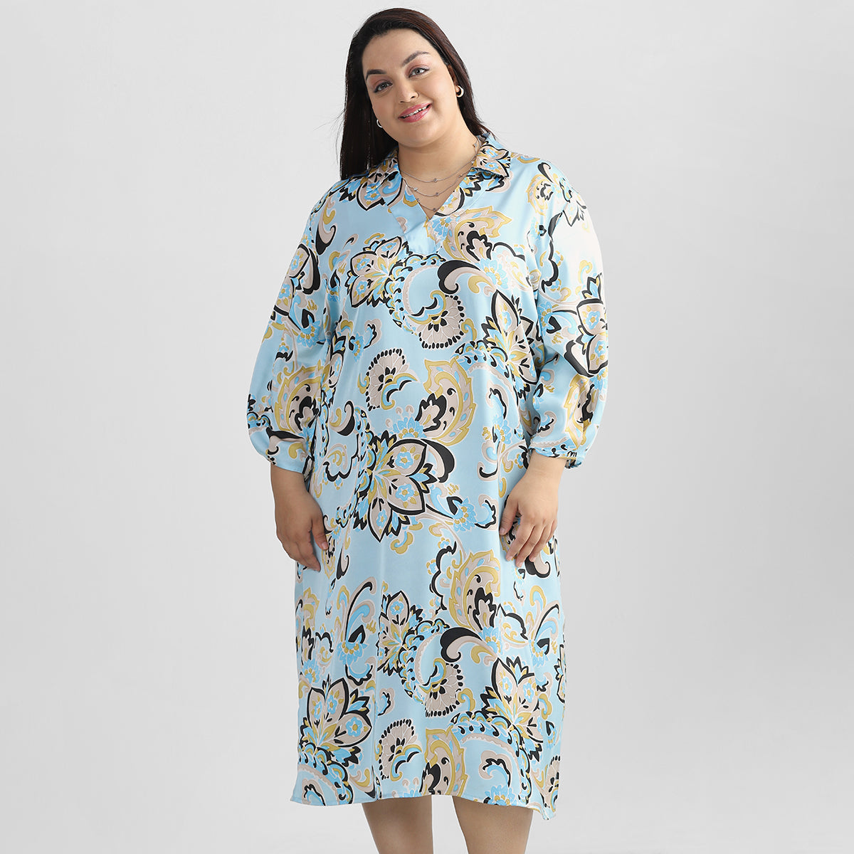 Plus Size Floral Blue Kaftan Dress 