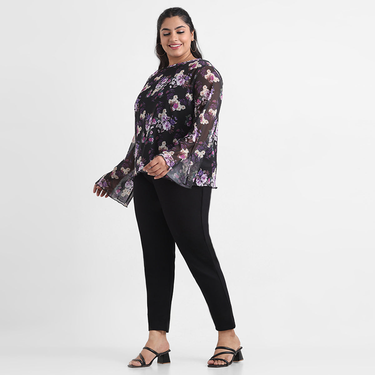 Black floral print plus size mesh boat neck top