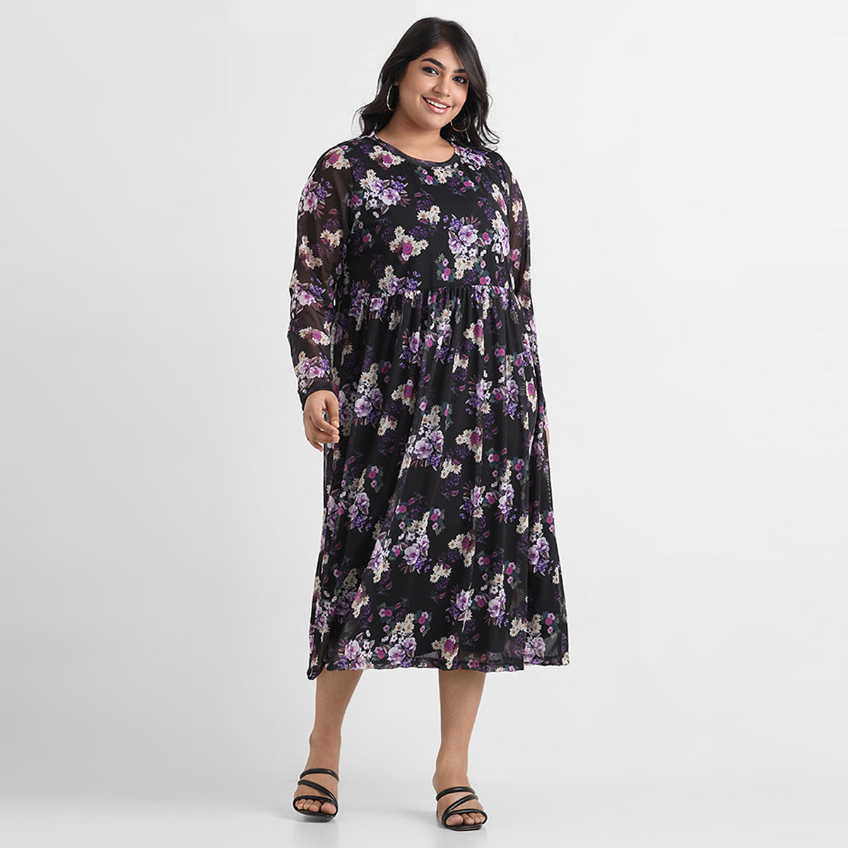 Black floral print plus size mesh midi dress