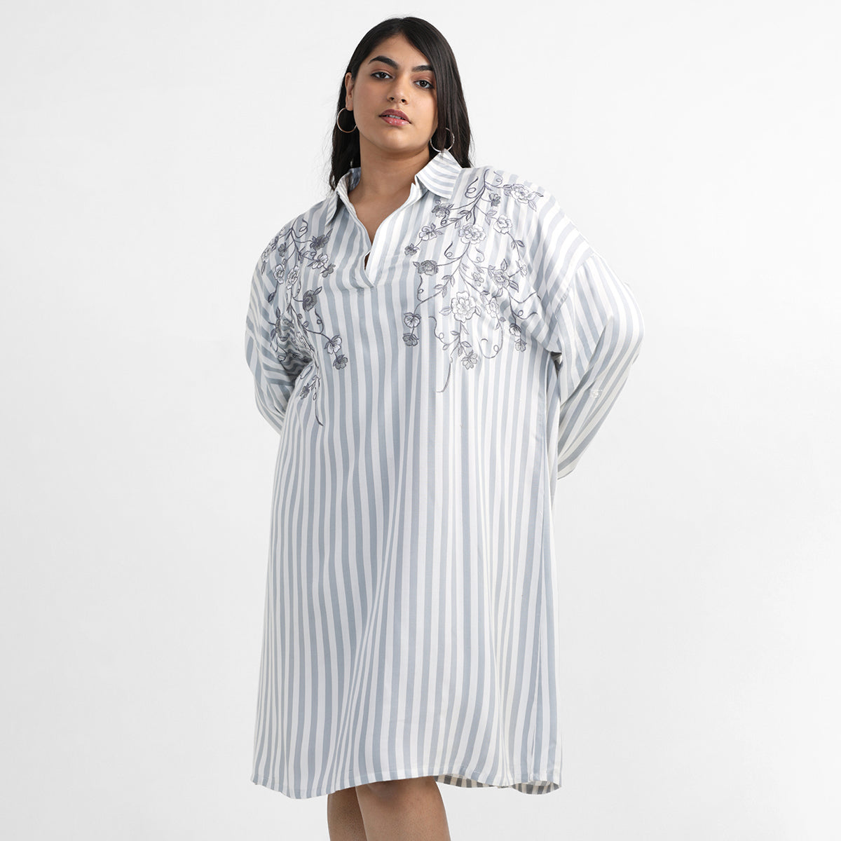 Herringbone Strip Embroidered Dress For Plus Size Women