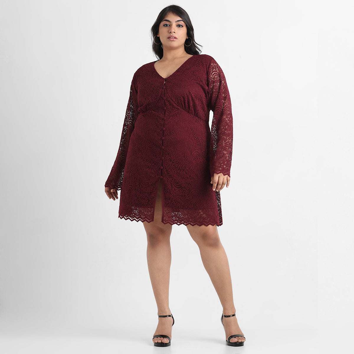 Maroon plus size knit lace short dress