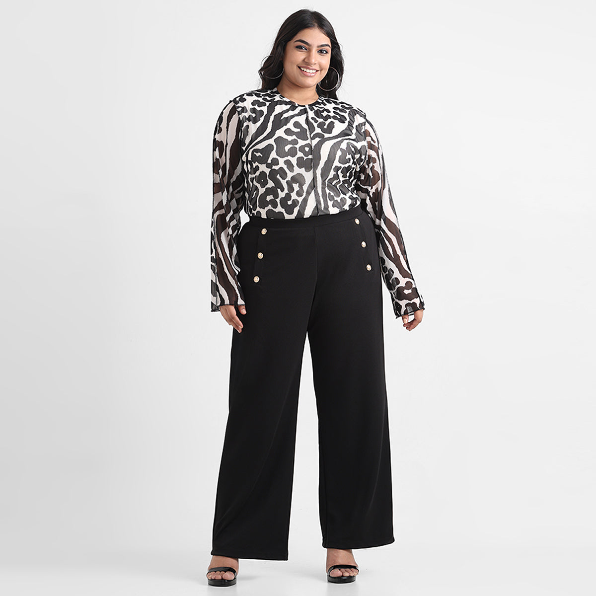 Black textured knit plus size buttoned wide leg trousers