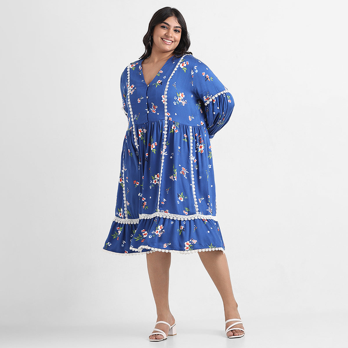 Royal blue printed lace inserts plus size rayon short dress