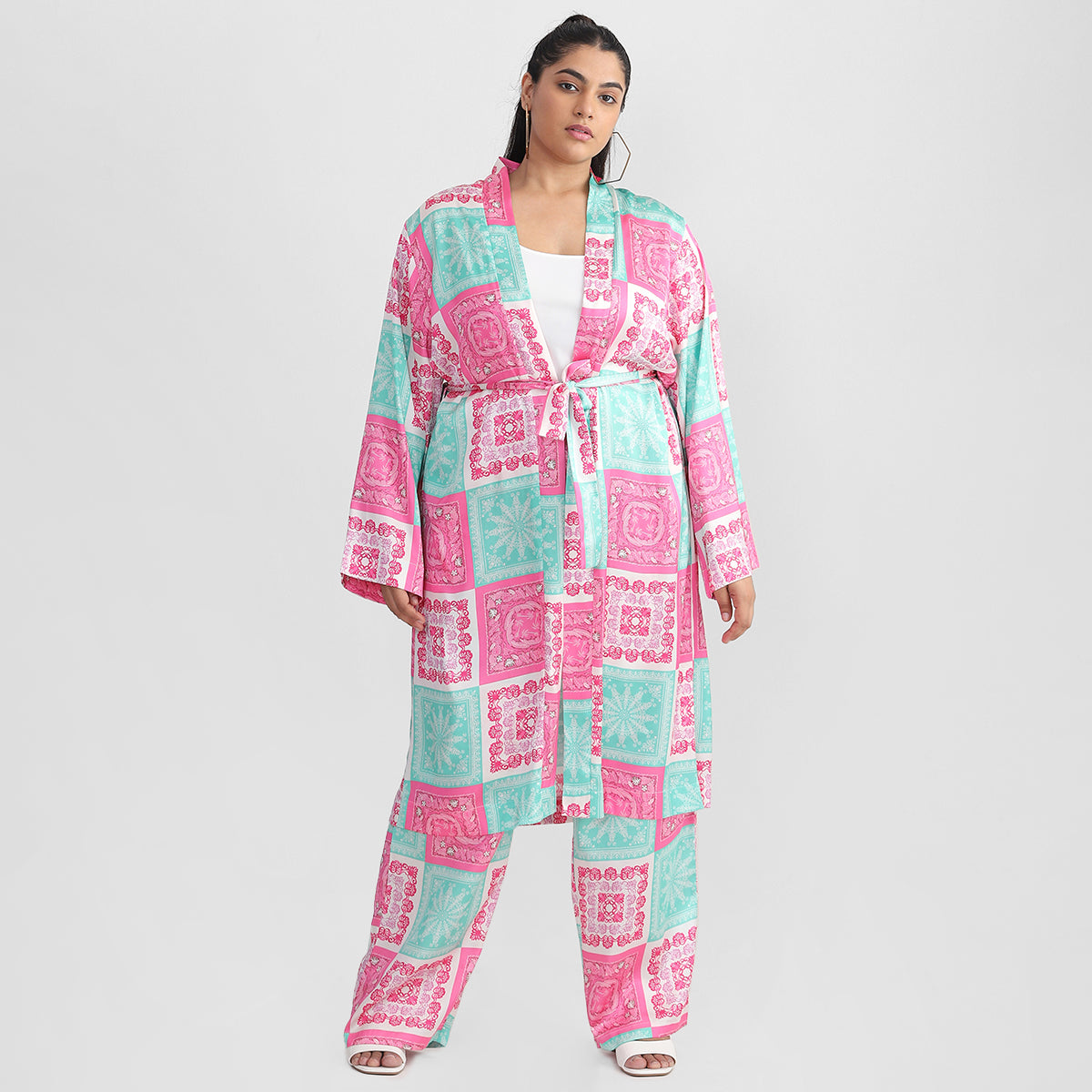 Pink And Green Tile Print Plus Size Satin Robe Set