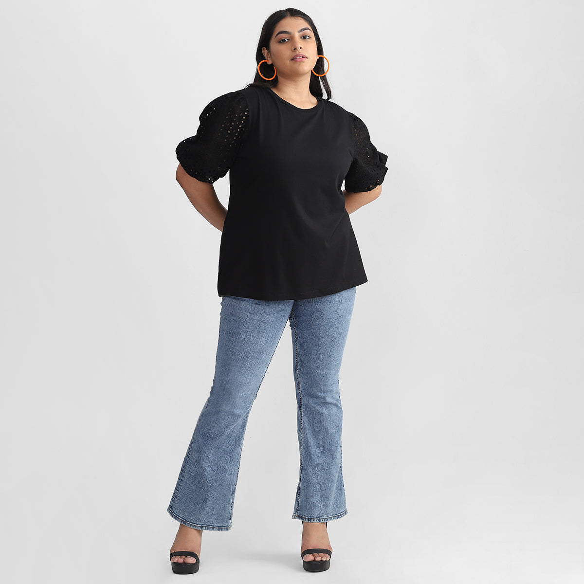 Black Cutwork Sleeves Top For Plus Size Women