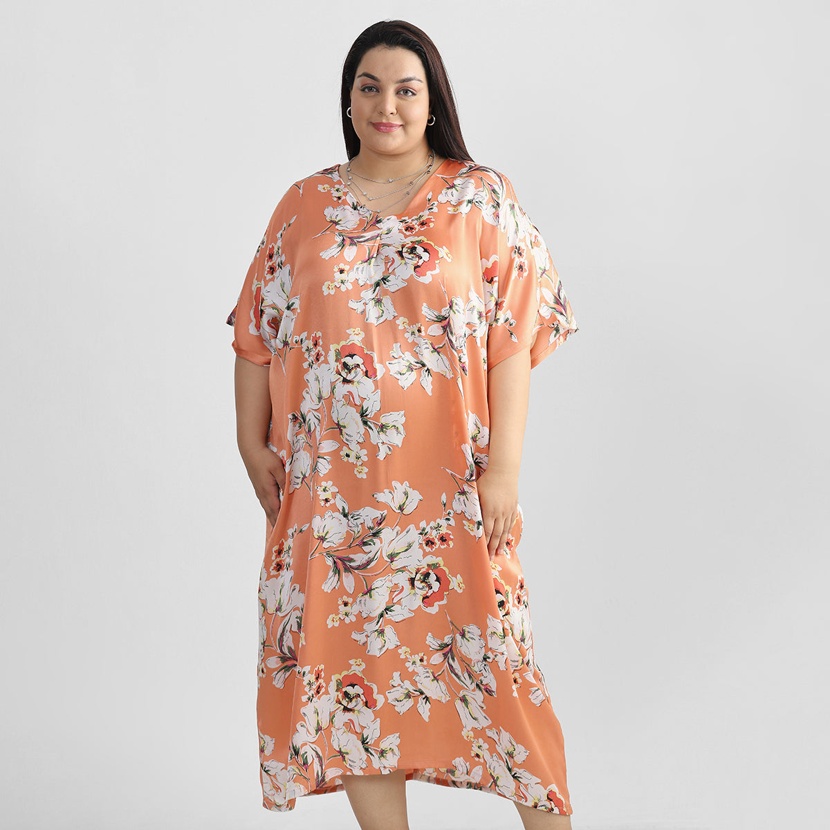 Orange Floral Kaftan For Plus Size Women