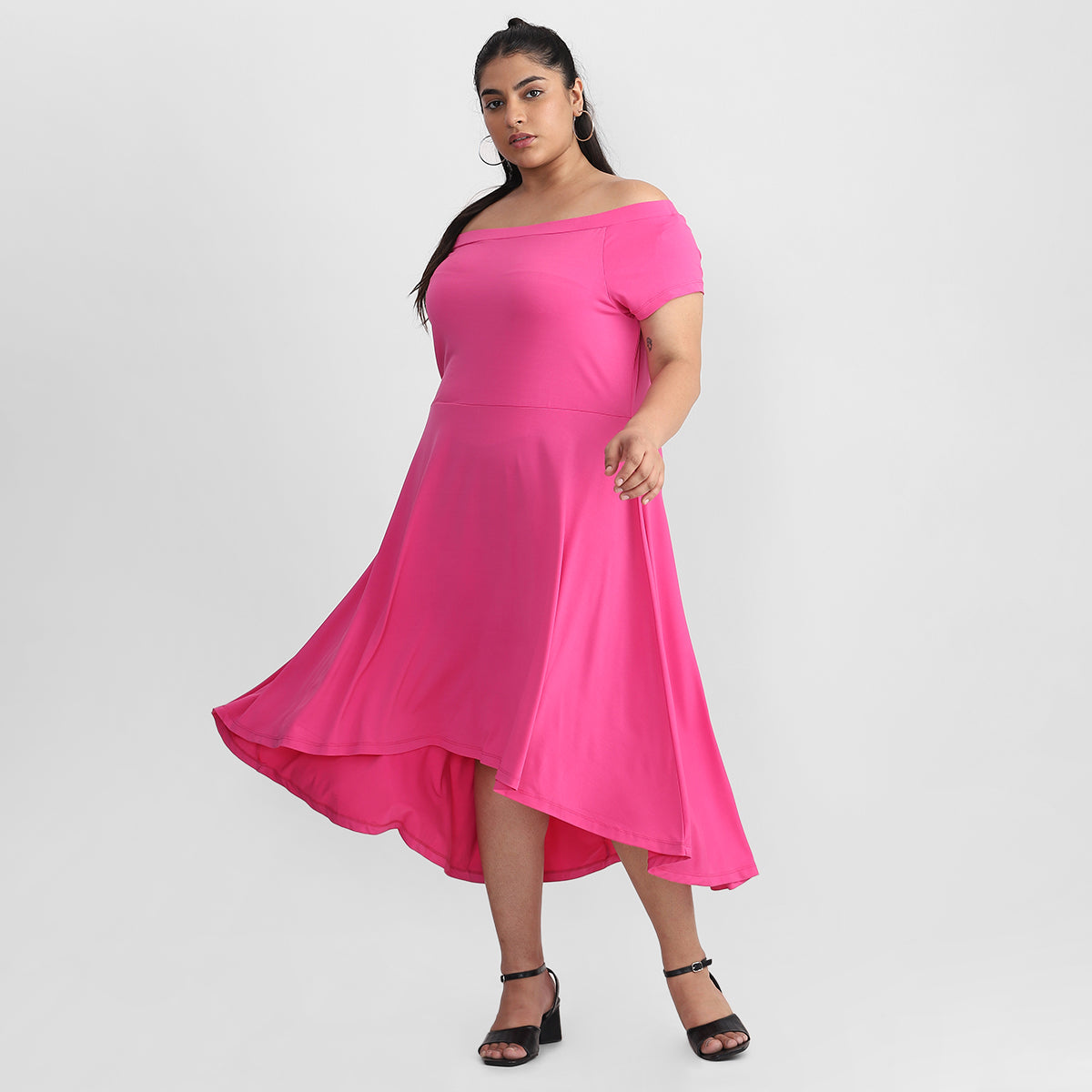 Hot Pink Off-Shoulder Dress For Plus Size Women